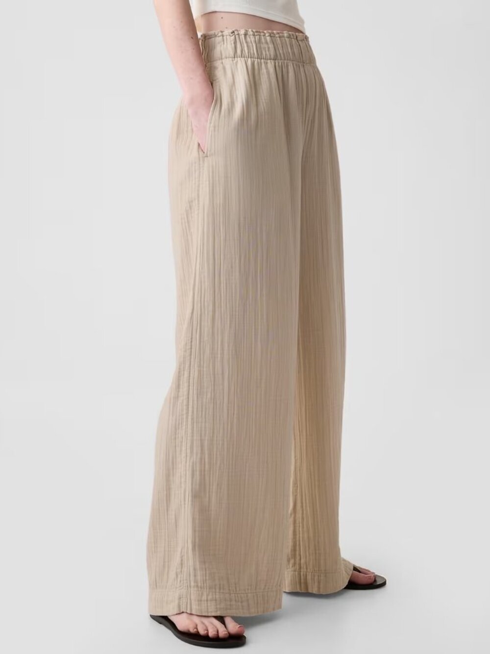 GAP Bedrock Beige 100% Cotton Crinkle Gauze Pull On Wide Leg Pants, Size S - Picture 3 of 14